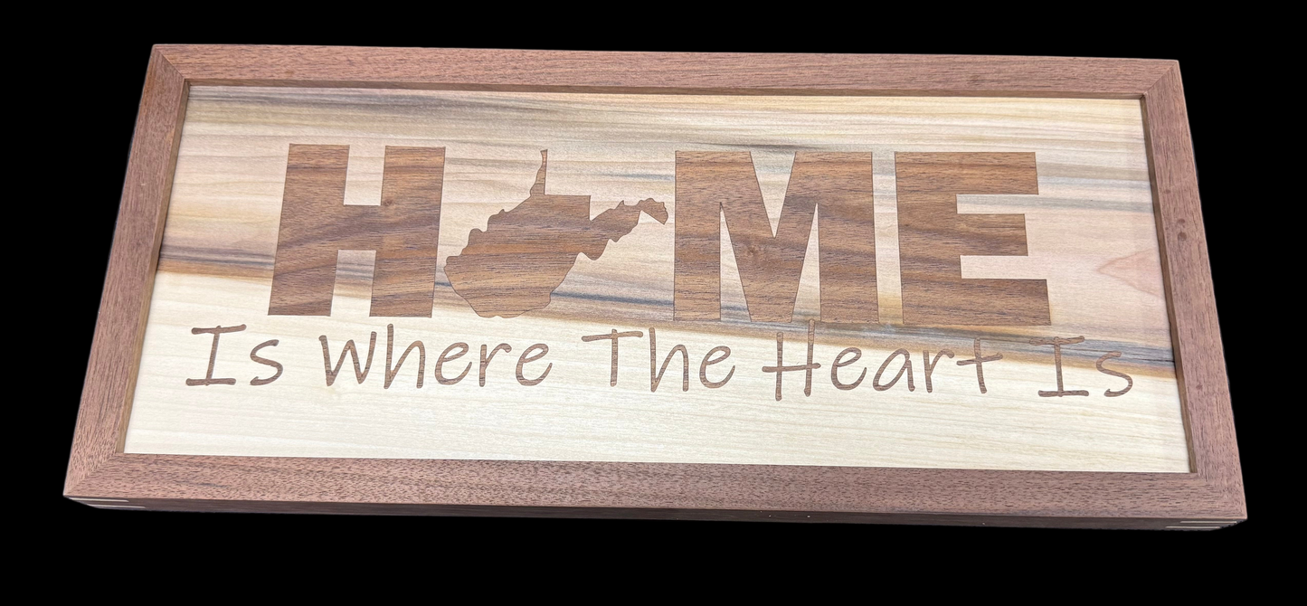 WV Home Is Where The Heart Is - Poplar/Walnut Inlay - Walnut Splined Frame