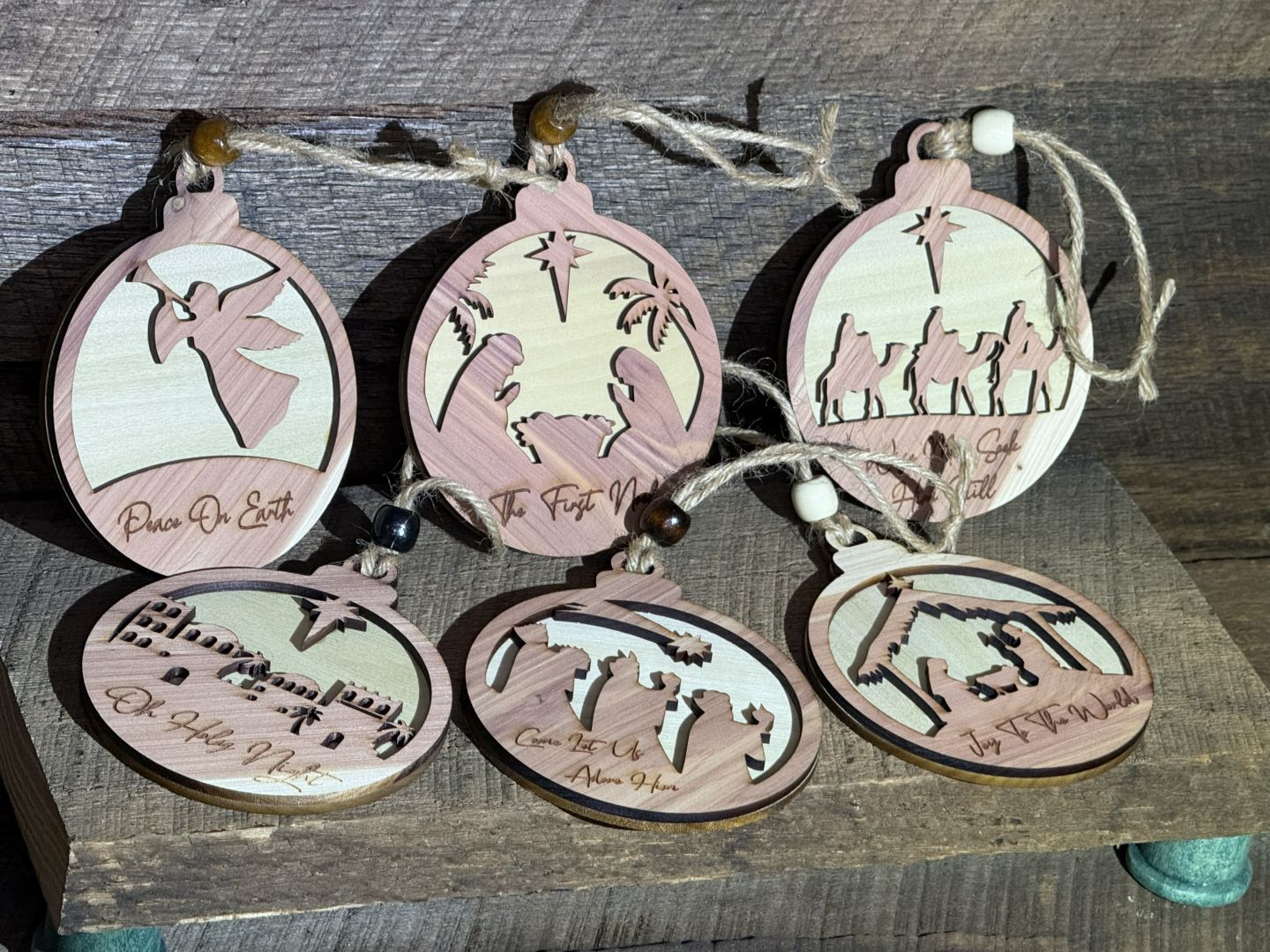 Solid Wood Nativity Christmas Ornaments - Save $2.00 each on 6 or more!