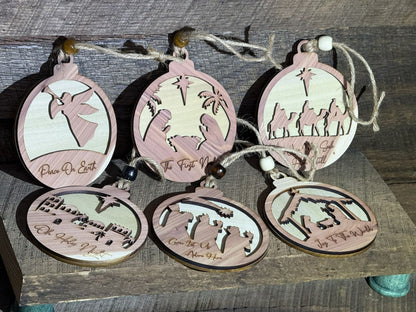 Solid Wood Nativity Christmas Ornaments - Save $2.00 each on 6 or more!