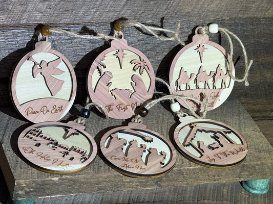 Solid Wood Nativity Christmas Ornaments - Save $2.00 each on 6 or more!